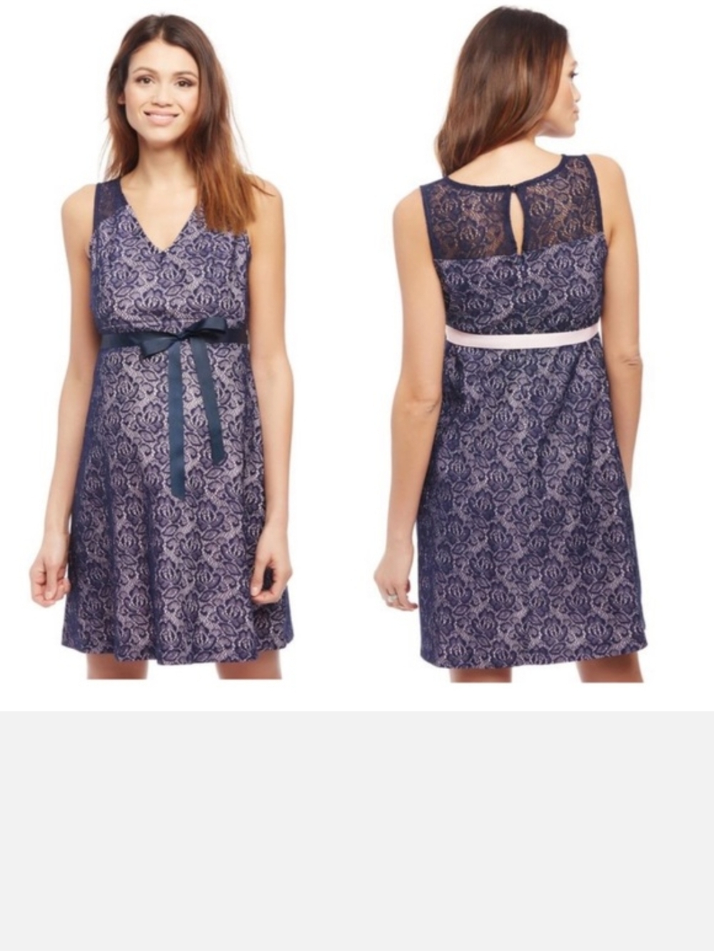 Sleeveless Navy Lace A-Line Maternity Dress with Gender Reveal Ribbon
